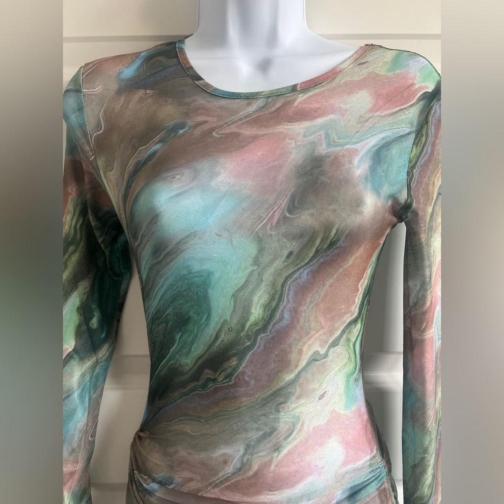 BEIGE BOTANY Marbled Long-Sleeve Ruched Sheer Bodycon Dress Size Small - Picture 2 of 7